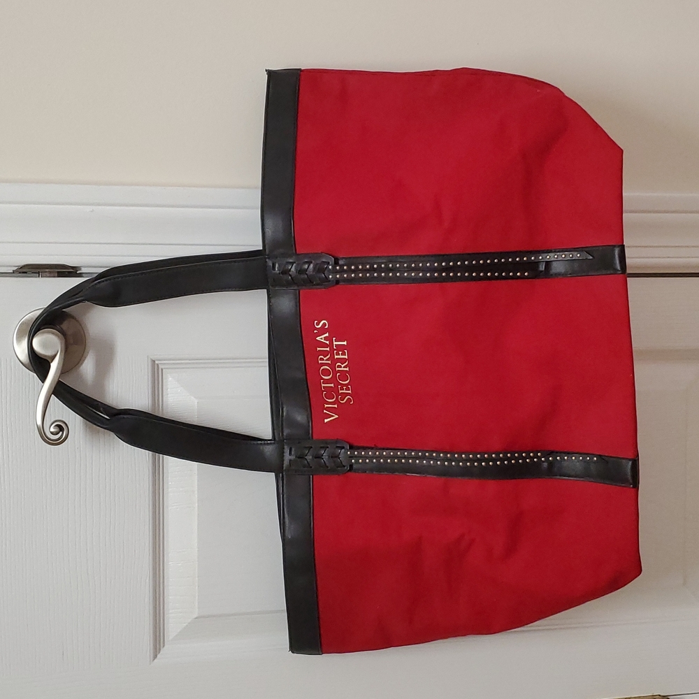 Victoria's Secret Red Canvas Tote Bag Faux Leather Trim and Jeweled Tassels